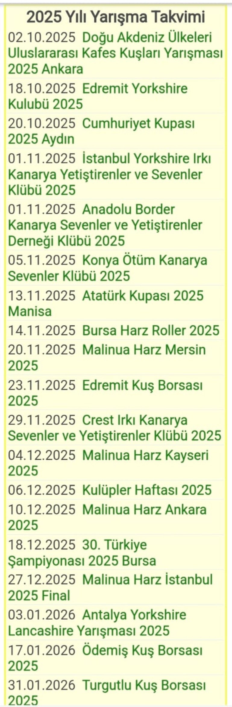 2025 Yılı Yarışma Takvimi